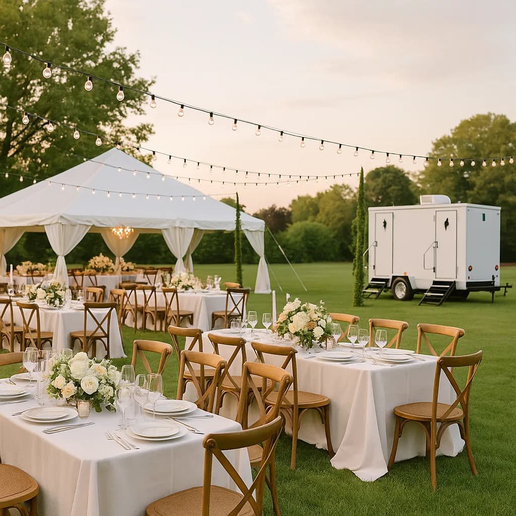 White restroom trailer set up near an outdoor wedding reception